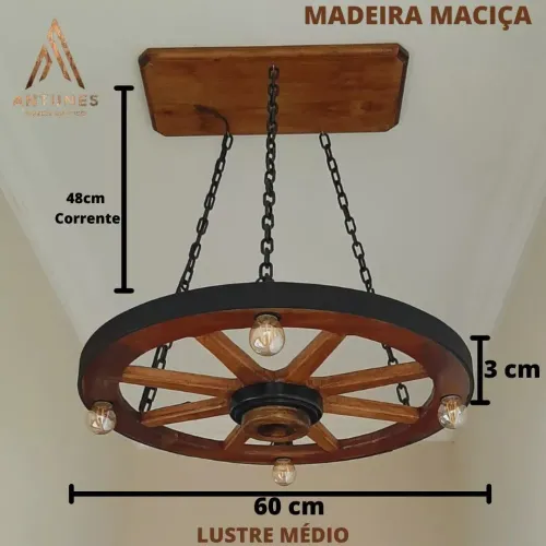 Lustre Rústico Luminária Retrô Roda De Carroça 60cm P 4 Lâmpadas<br>