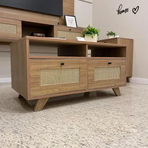 PROMOÇÃO | Mesa de Centro Grande 2 Gavetas 91cm Textura Palha - Fazemos Entrega