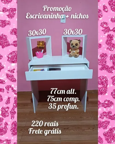 Escrivaninha Infantil Branca com Nichos 77cm Alt. - Frete Grátis