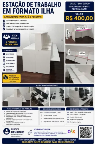 Estação de trabalho em formato ilha, com capacidade para até 6 pessoas