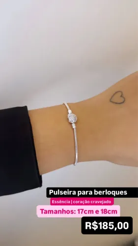 Pulseira para Berloques Essência Coração Cravejado 17cm 18cm Prata 925