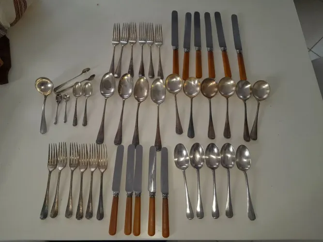 Talheres ingleses vintage prata e aço inox Walker & Hall 44 peças- Era Vitoriana