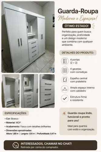 Guarda-Roupa Branco 4 Portas com 4 Gavetas | Ótimo Estado