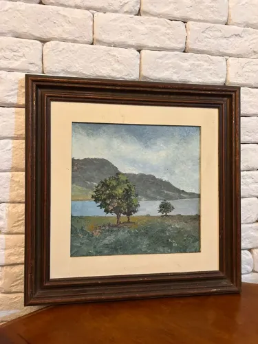 Quadro Antigo (1985) Paisagem de Lago e Montanhas - Pintura Óleo Assinada com Paspatur