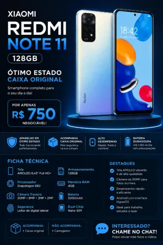 Vendo Xiaomi Redmi Note 11 128GB em ótimo estado de conservação