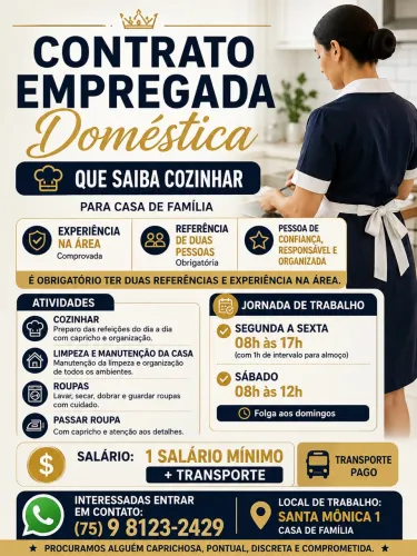 VAGA PARA EMPREGADA DOMÉSTICA