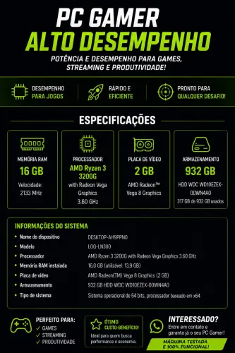 PC Gamer Ryzen 3 3200G | 16GB RAM | 932GB - Pronto para Usar!