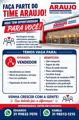 Vagas para vendedor de medicamentos e perfumaria.