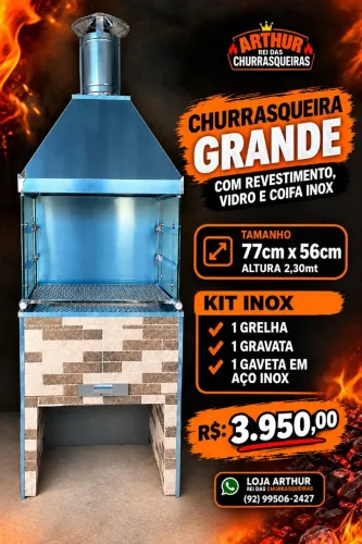 Churrasqueira pré-moldada com e vidro e coifa inox