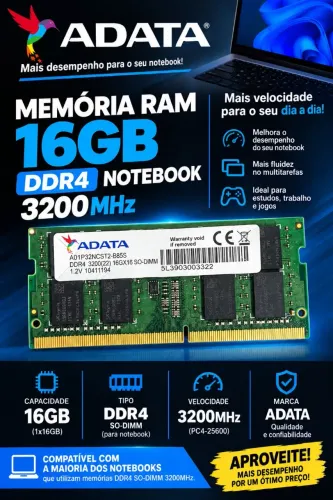 Memória Ram 16gb Ddr4 Notebook 3200mhz Adata