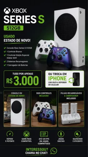 Xbox Series S com dois controles (troco em iPhone)