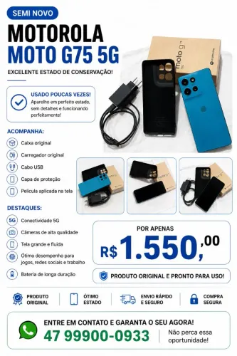 Smartphone Motorola Moto G75 5G 256GB Azul 8GB RAM, Câmera Sony 50MP - Seminovo Impecável