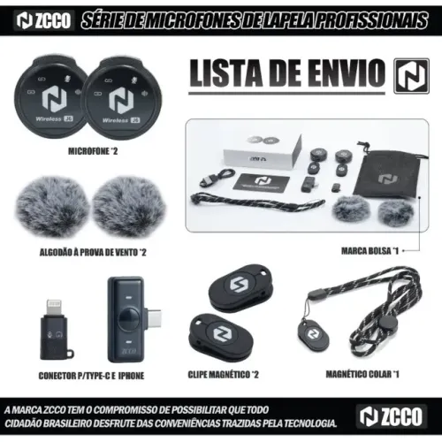Microfone Lapela Sem Fio Profissional Magnético Cancelamento Ruído Captação 360° - ZCCO J6