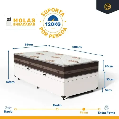 Cama Box Solteiro Completa com Colchão + Baú no Branco