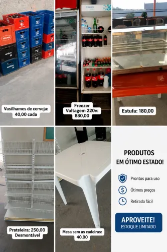 Freezer, vasilhames, prateleiras, mesa, estufa e escada