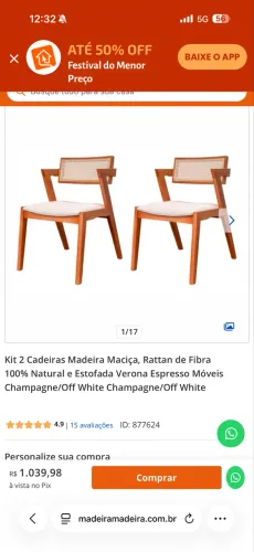 2 Cadeiras Madeira Maciça, Rattan de Fibra 100% Natural e Estofada Verona Espresso Móveis