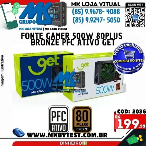 Fonte Gamer 500w 80plus bronze pfc ativo get