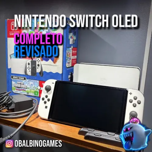 Nintendo Switch OLED 256GB - Desbloqueado e Completo.