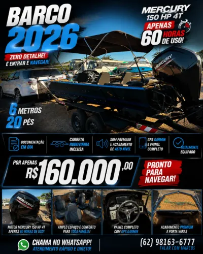 Barco 2026 20 Pés | Mercury 100 HP 4T | Apenas 60 Horas