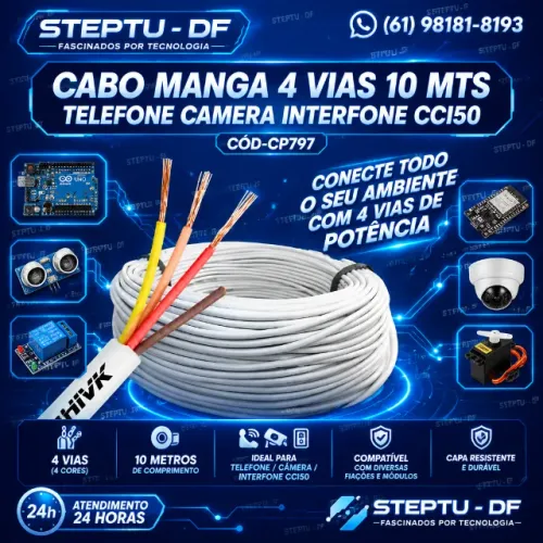 Cabo Manga 4 vias 10 mts Telefone Camera Interfone Cci50 Arduino Automação COD-CP797