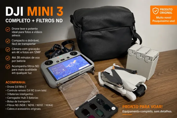 DJI Mini 3 Fly More Combo + Controle com Tela + 3 Baterias + Filtros ND