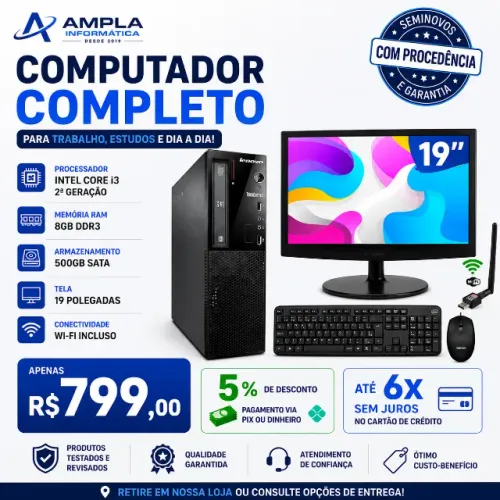Computador Completo Lenovo Core i3 2a Geração 8gb ram 500gb Sata Wifi Trabalho Estudo 19"