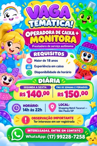 Vaga para operadora de caixa/monitora