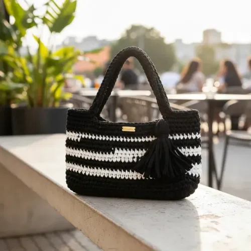 Bolsa De Crochê Malha Artesanal Feminina Listrada Com Tassel