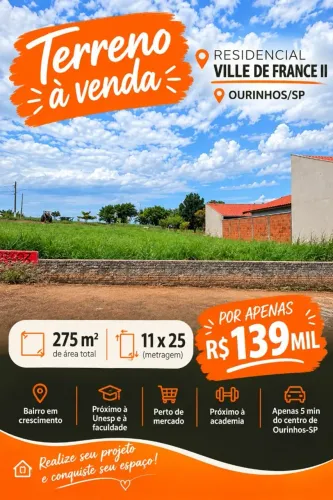 TERRENO 275M² VILLE DE FRANCE OURINHOS/SP