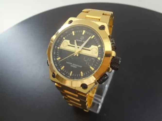 Relógio Original Goldenhour cor Dourado Dual Time à Prova D'água 3 ATM 100% Novo e Origina