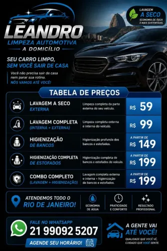 Lavagem a domicílio levamos todo equipamento e produtos para limpeza do seu veículo.