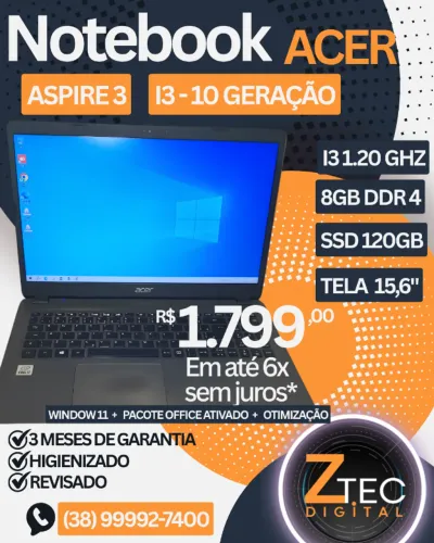 Notebook Acer Aspire 3 i3 10ª Gen / 8GB RAM / SSD 120GB / Garantia