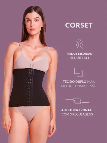 Corset Modelador Com Barbatana E Tecido Duplo Afina Cintura Preto - Pile