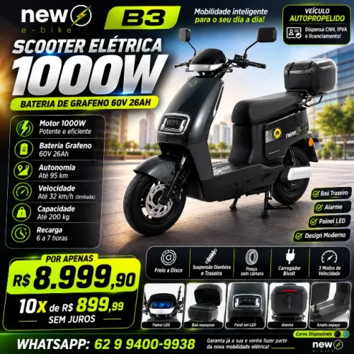 Scooter Elétrica New E-Bike B3 1000W Preta com Baú | Bateria 60V 26Ah