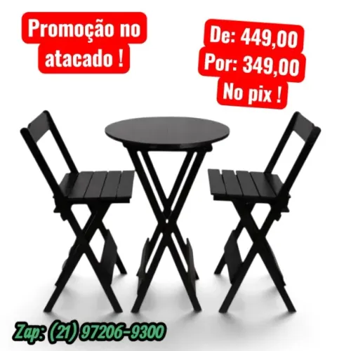 Mesa bistro com 2 cadeiras altas dobráveis em madeira maciça