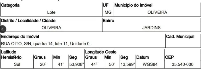 Oferta promissora Terreno no Jardins, Oliveira - MG, Nº 00, 200m² | Leilão