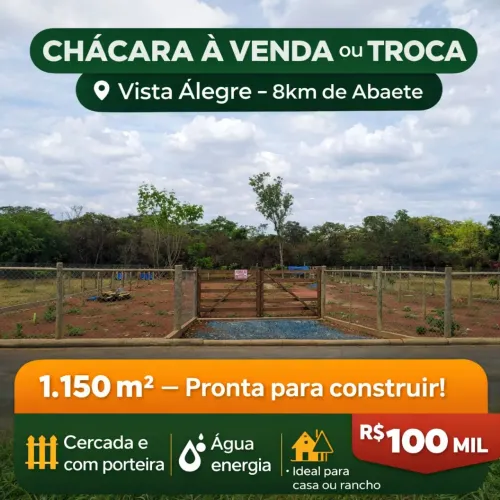 Chácara à venda ou troca - Vista Alegre (8 km de Abaeté)