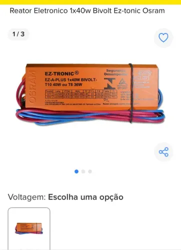 Reator eletrônico T10 1 x 40W ou T8 36W OSRAM lâmpadas fluorescentes 127v ou 220v