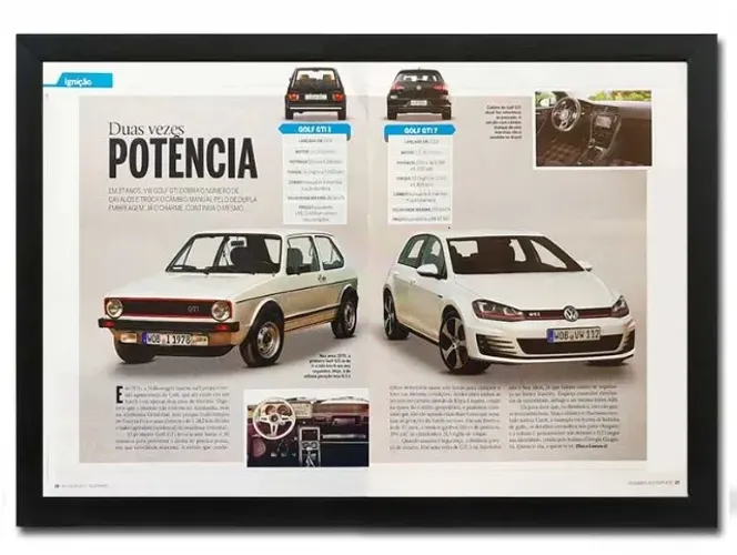 VW Golf GTI Mk1 e M7 - 1978 e 2014 - Quadro decorativo com matéria original de revista