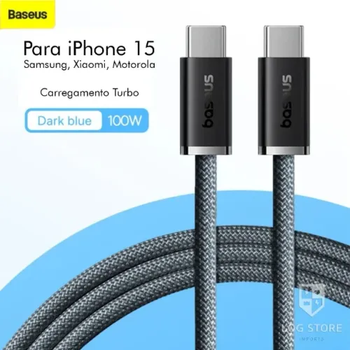 Cabo Tipo C 100w Baseus 1m Preto Turbo 480Mb iPhone 15/16 Xiaomi Samsung Motorola MacBook