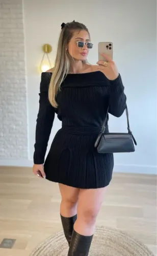 Conjunto preto feminino Tricot tricô novo saia plissada