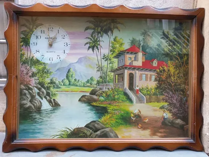Antigo quadro com relogio moldura madeira 