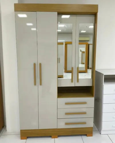 Guarda Roupa Para Solteiro C/Espelho 4 Portas 3 Gavetas Puxadores De Madeira - Em Oferta