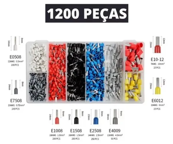 Kit 1200 Terminais Elétricos Ilhós Tubular 0,5mm² Até 10mm²