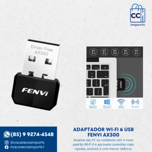 Adaptador de Rede Sem Fio Fenvi Wi-Fi 6 USB AX300
