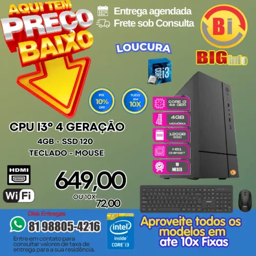 Computador Intel Core I3 4a Geração 4gb Ssd 120gb Wifi Teclado Mouse - Em ate 10x Fixas