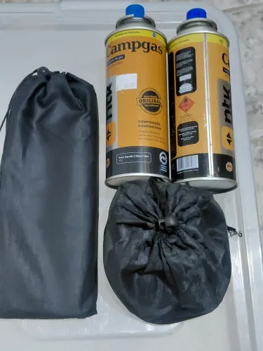 Kit Camping: Mini Fogareiro Portátil + Corta-Vento + 2 Gases Campgás