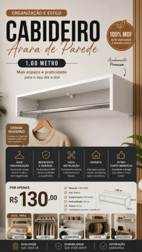 Cabideiro de Parede para Loja e Closet 1m - R$130