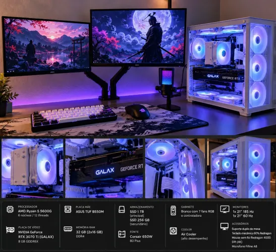 PC Gamer Completo RTX 3070 Ti + Ryzen 5 5600G + 32GB RAM + 2 Monitores