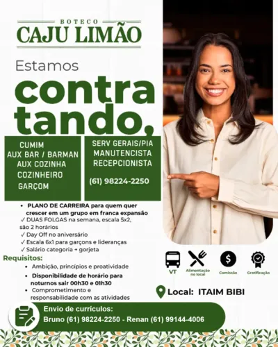 Boteco CajuLimão, contrata diversas vagas